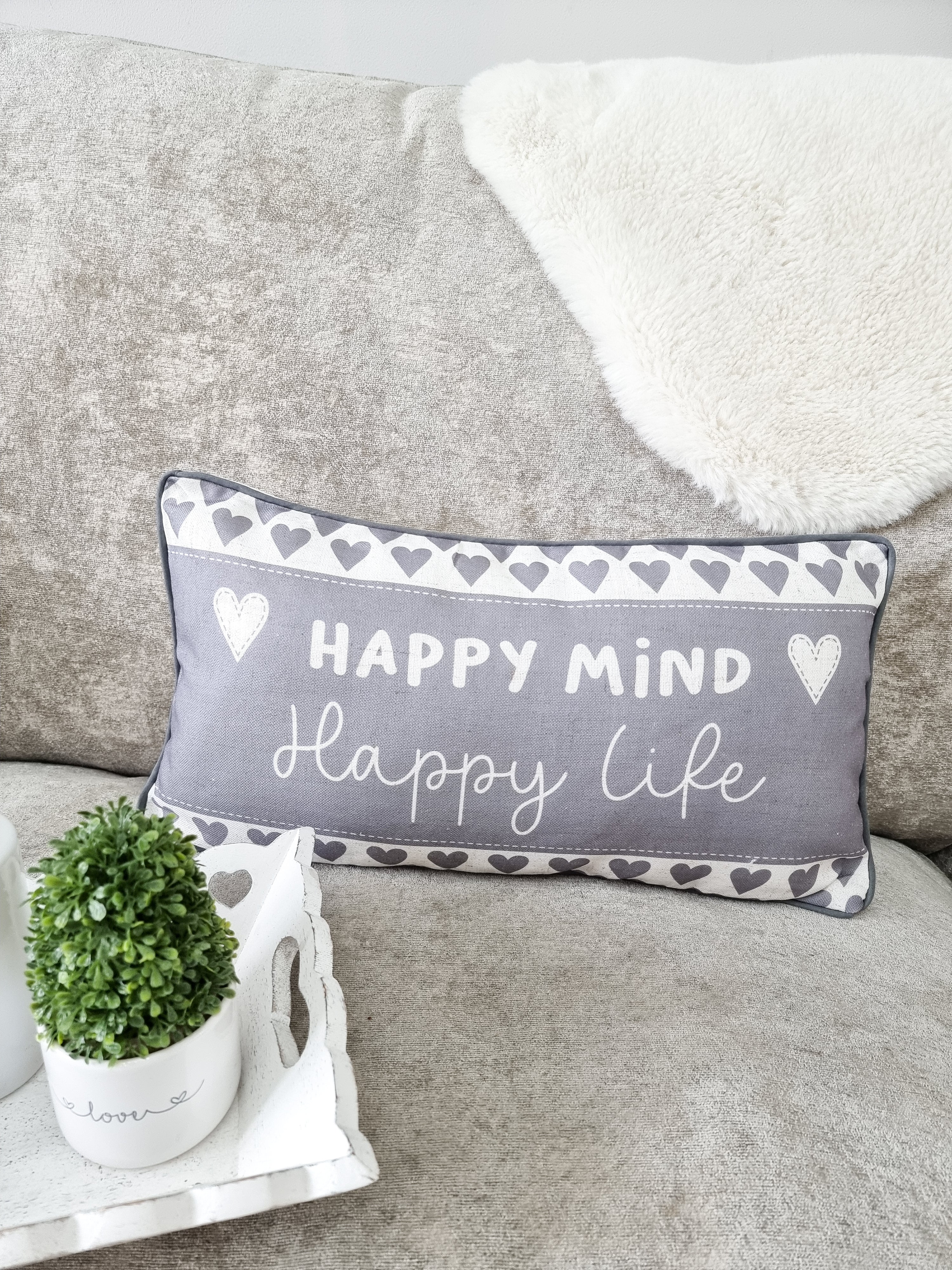 Grey Happy Mind Happy Life Heart Cushion Peony Blossom Interiors