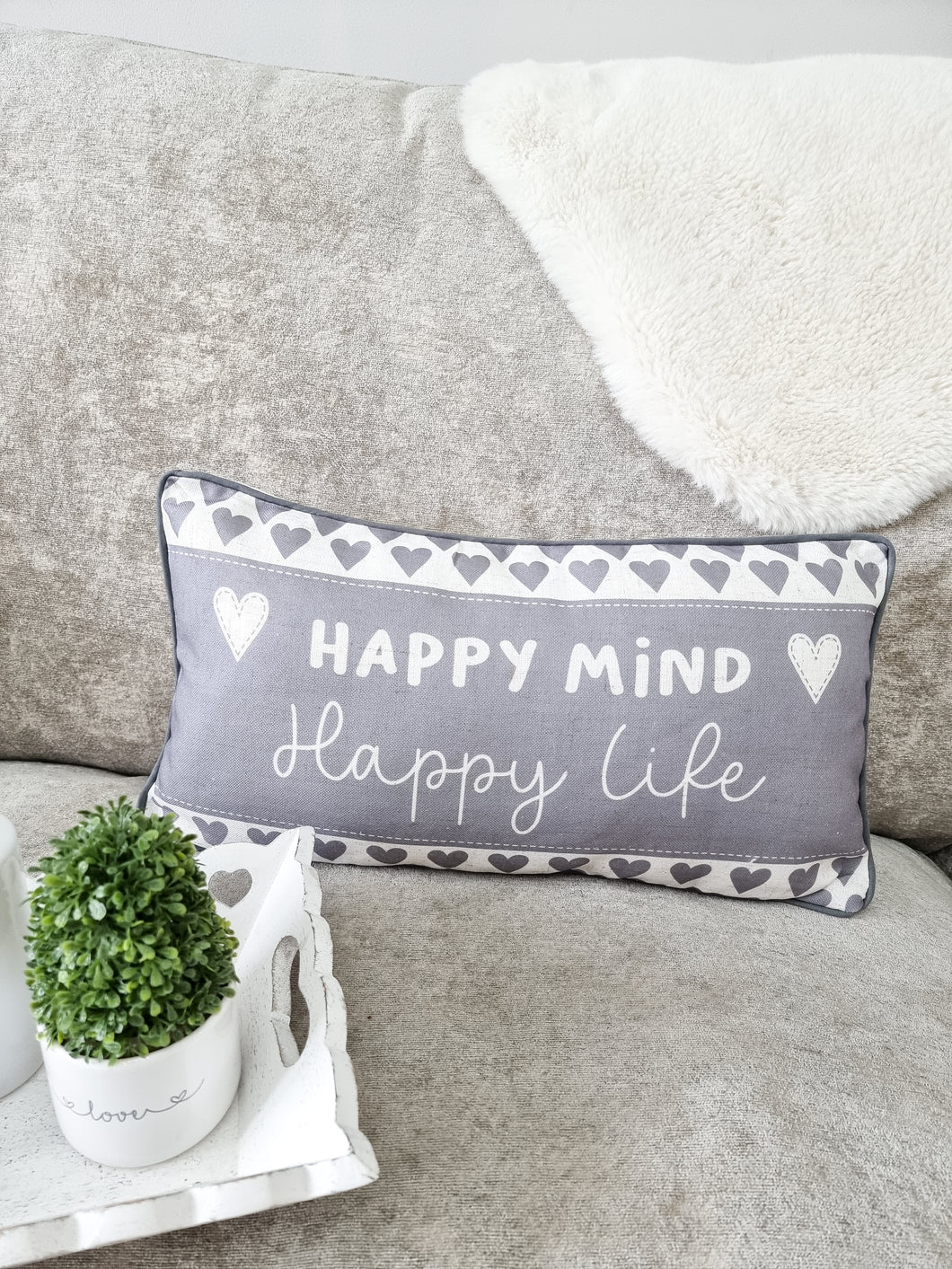 Grey Happy Mind Happy Life Heart Cushion