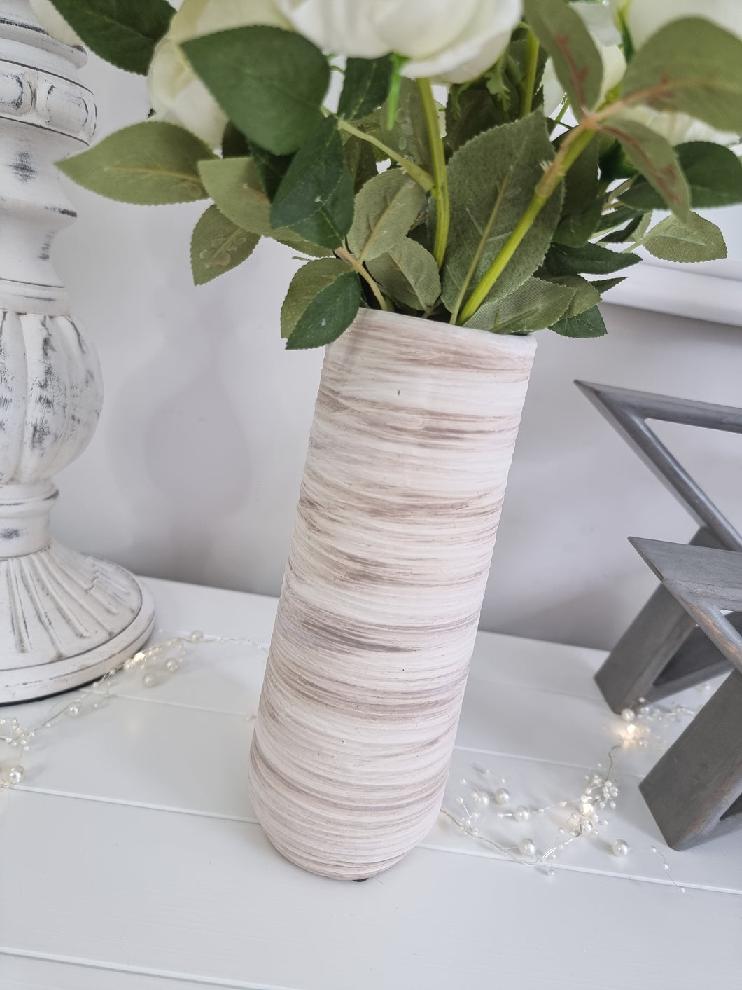 Natural Ribbed Wide Stoneware Vase