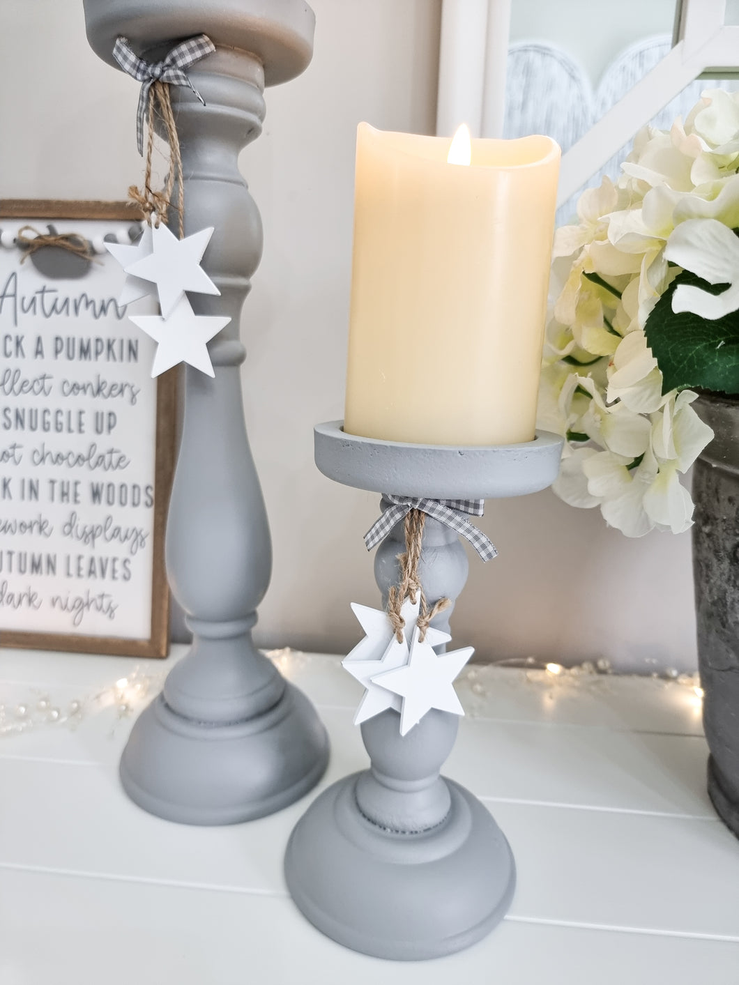 Dove Grey Candlestick With White Stars