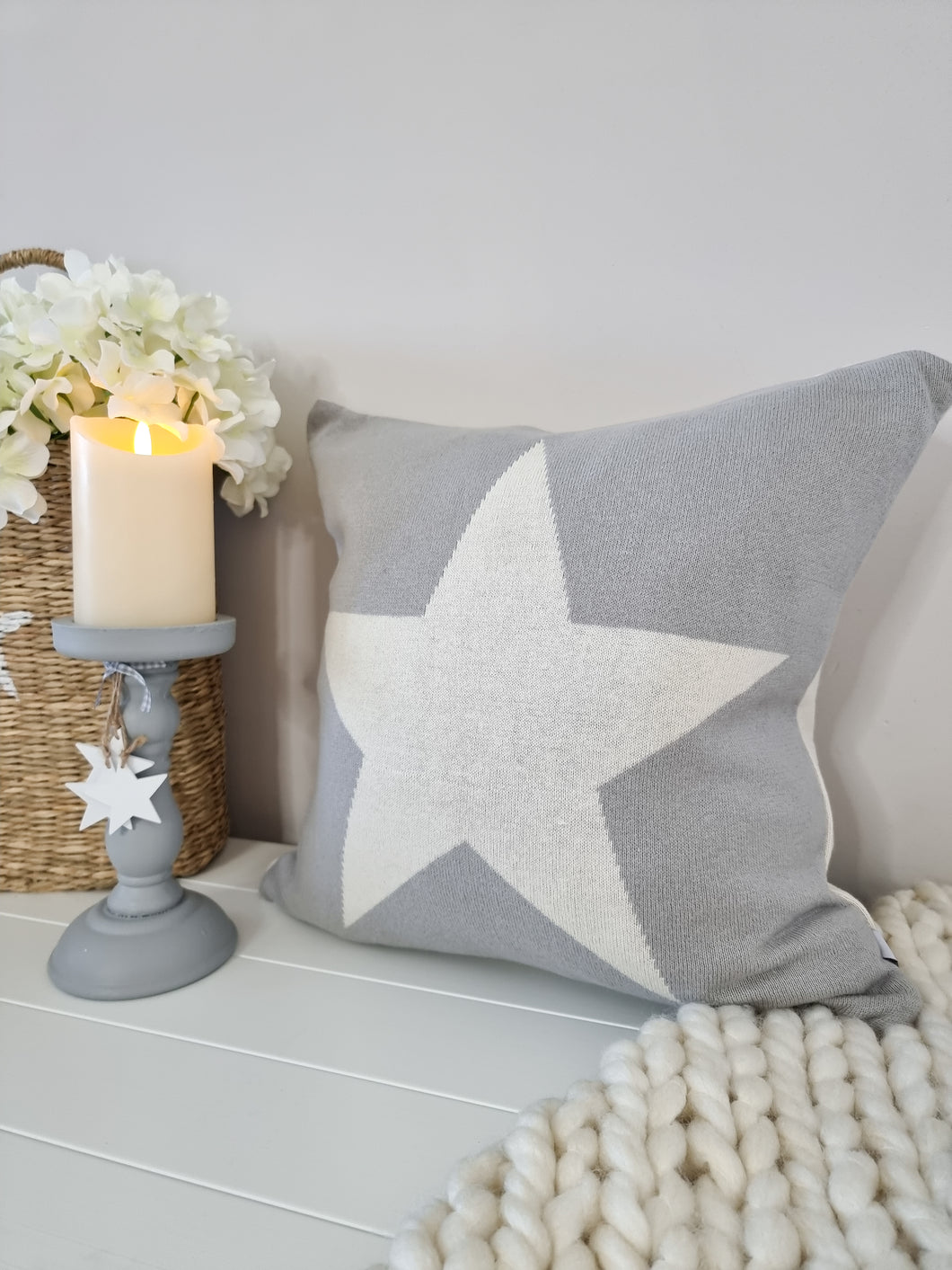Grey & Cream Two Side Knit Star Cushion
