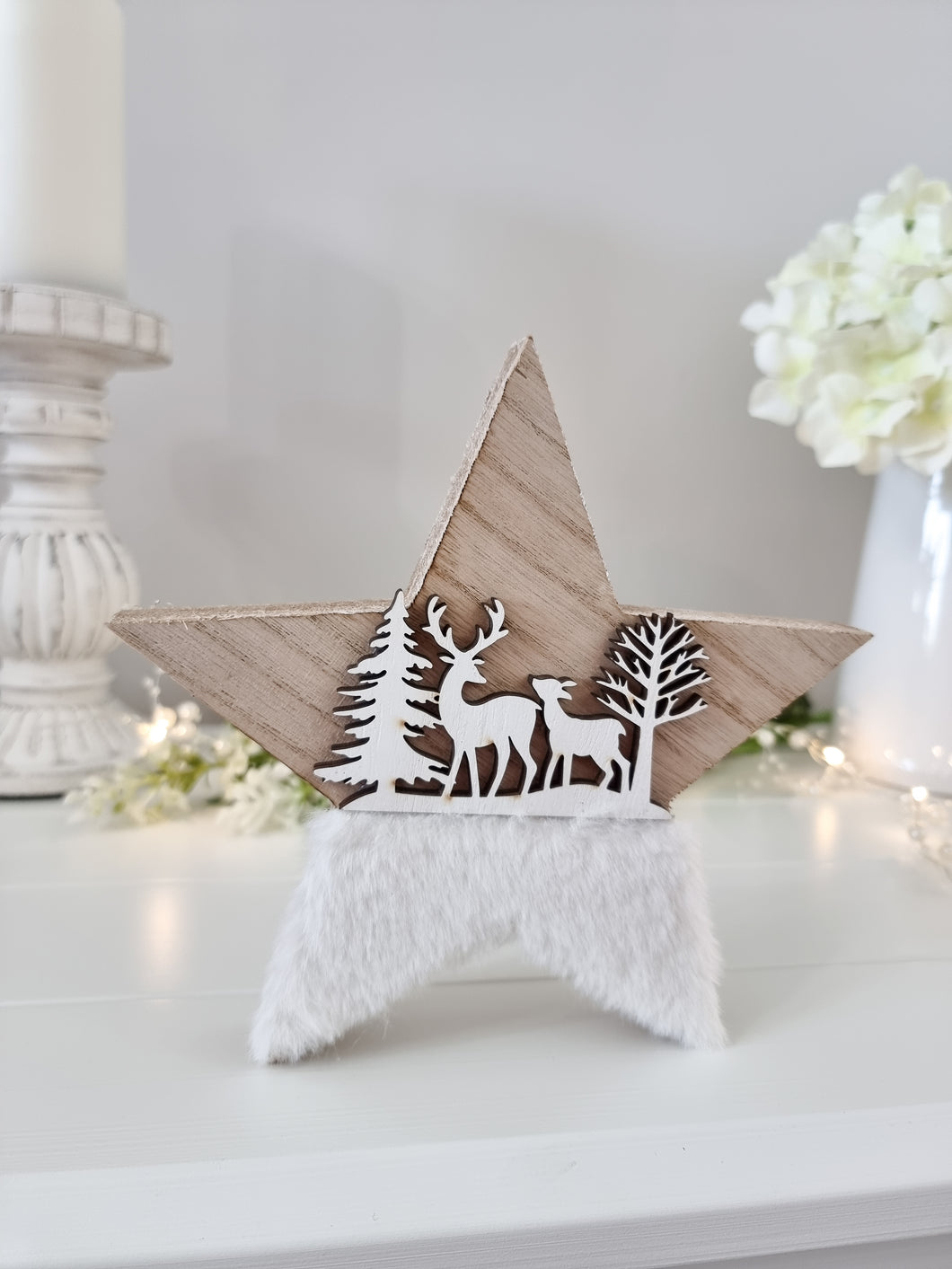 White Fluffy Winter Scene Wooden Star
