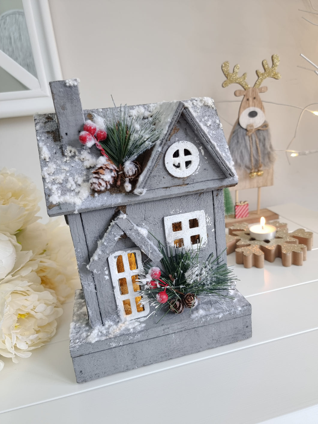 Rustic Grey Festive Light Up House