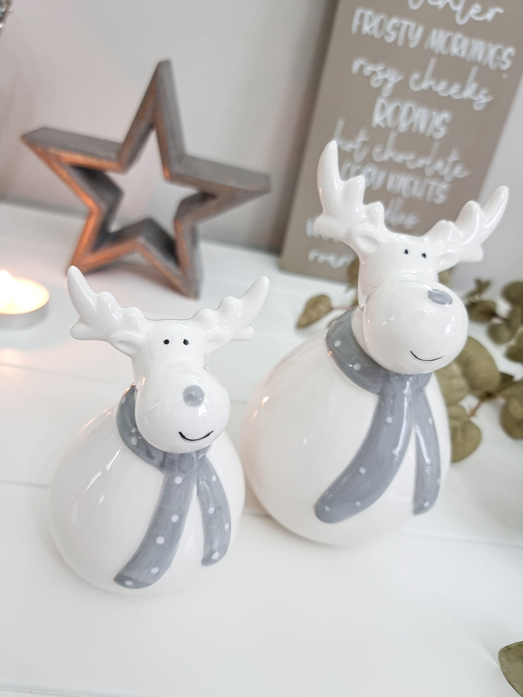 Chubby Grey & White Reindeer Figure