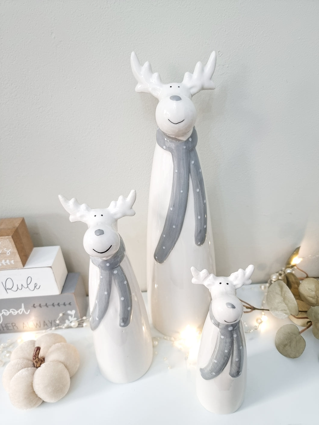 Grey & White Tall Ceramic Reindeer Figure
