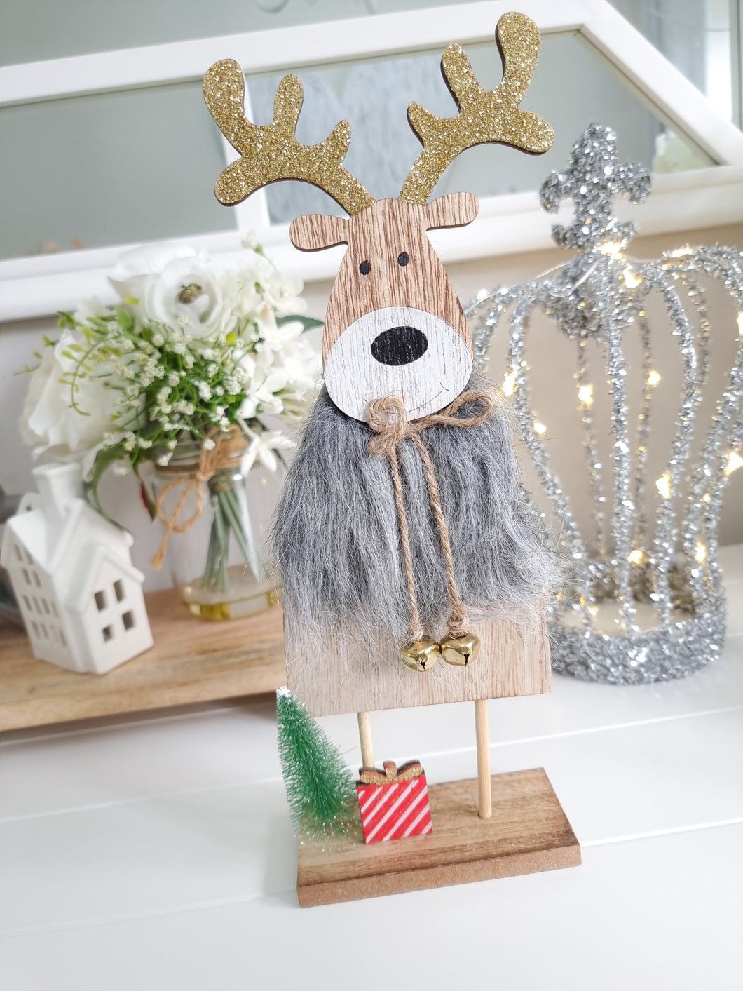 Fluffy Grey Wooden Reindeer