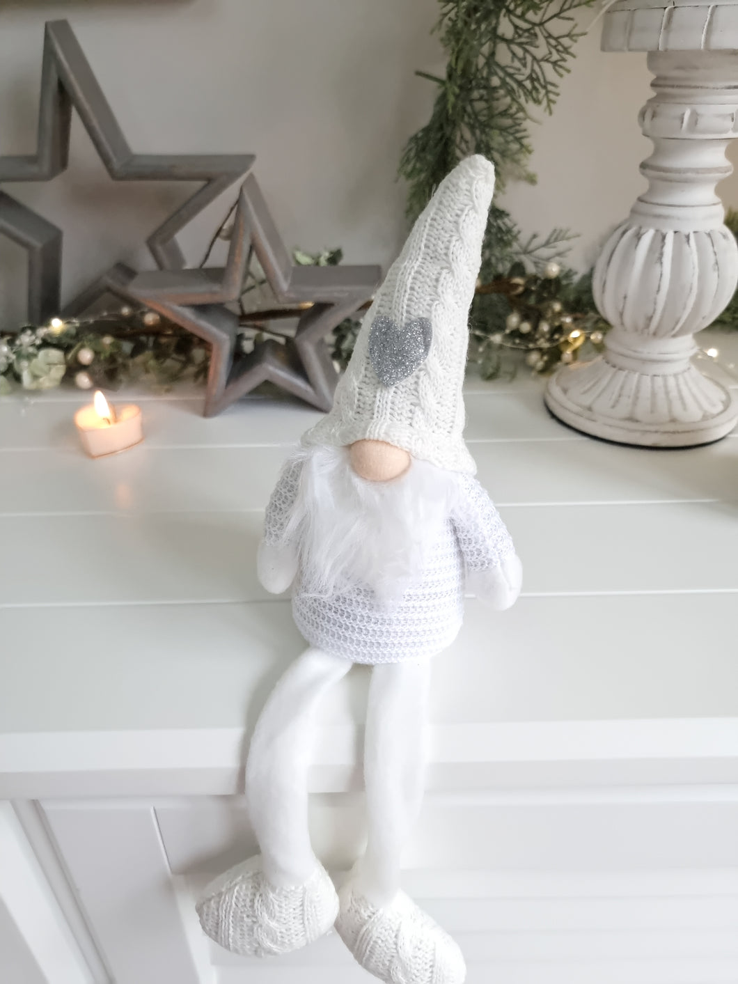 White Knitted Sitting Gonk With Silver Heart