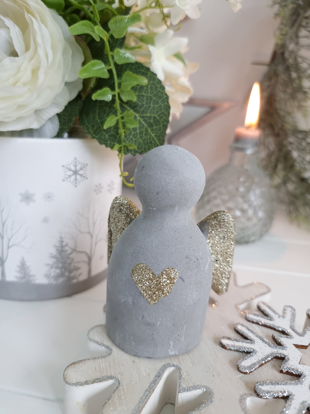 Miniature Stone Angel Figure With Gold Heart