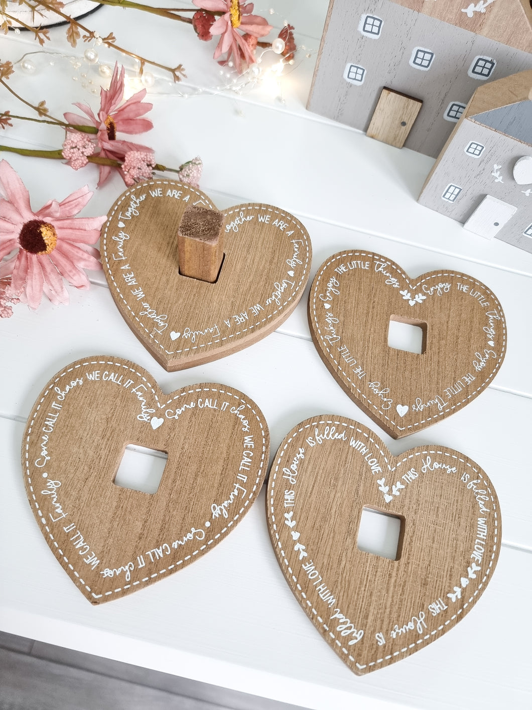 Family Wooden Heart Coasters With Stand