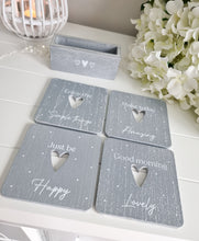 Load image into Gallery viewer, Grey Wash Positive Coasters With Heart Detail
