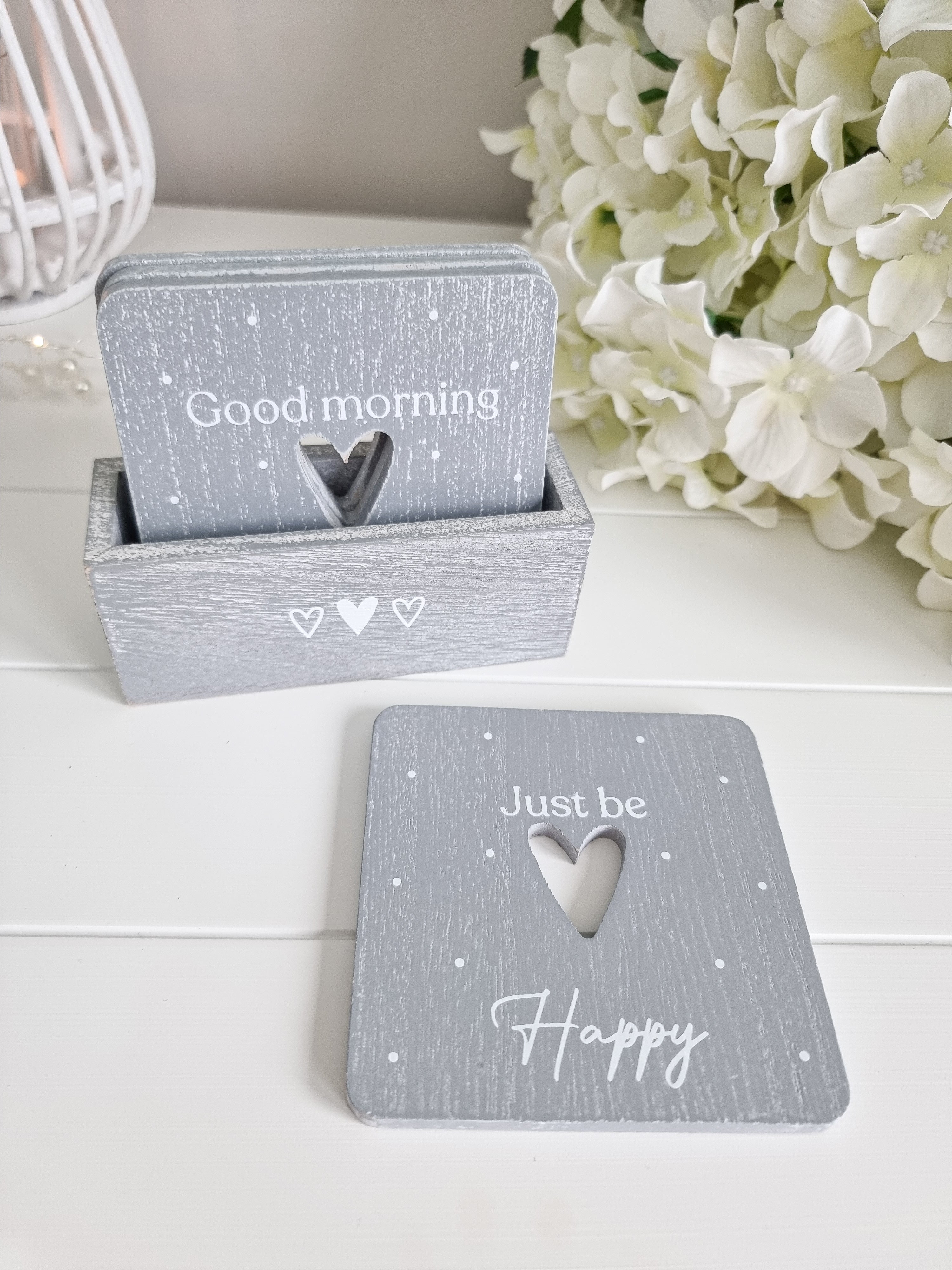 Grey Wash Positive Coasters With Heart Detail – Peony Blossom Interiors