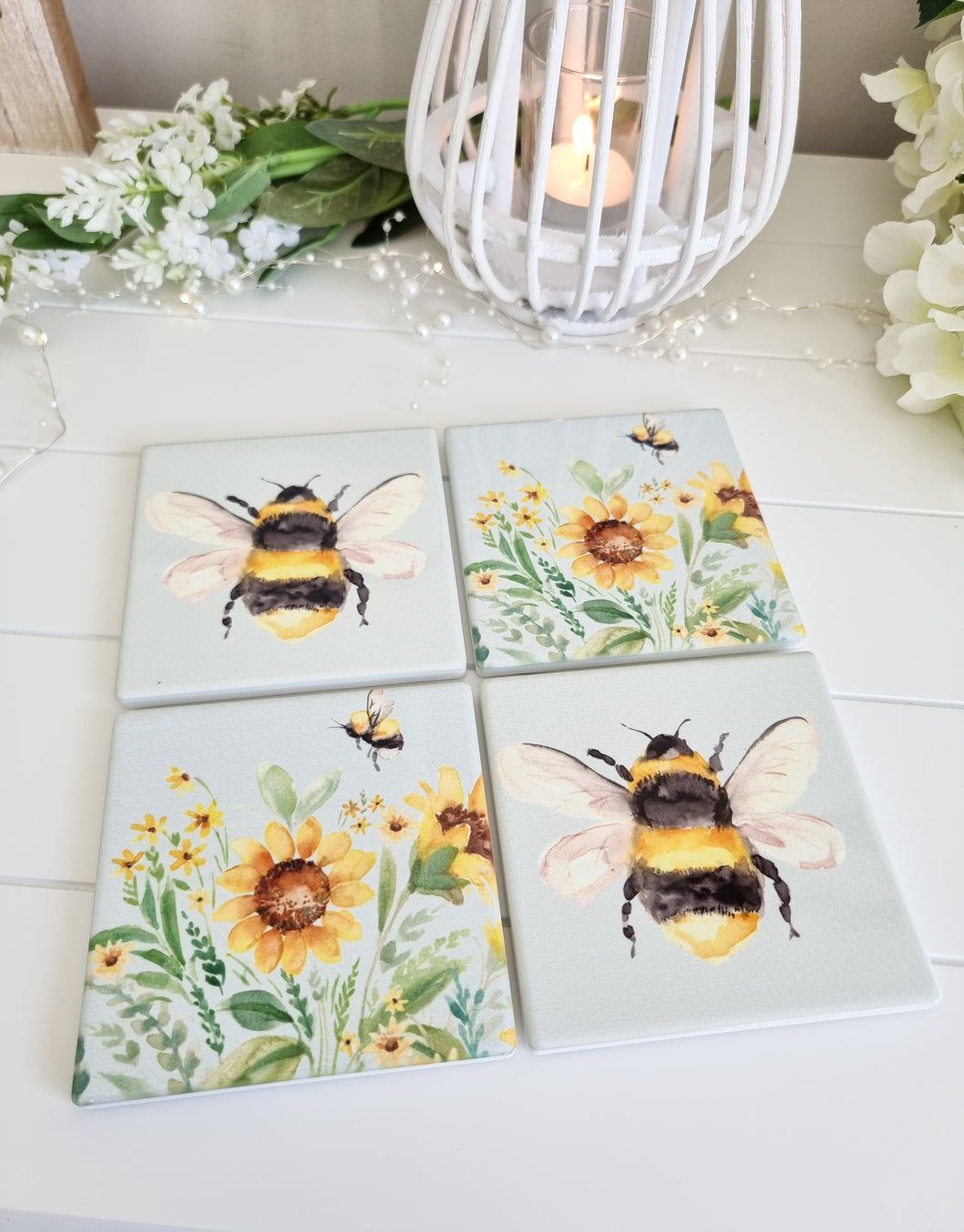 Spring Watercolour Bee Ceramic Coasters