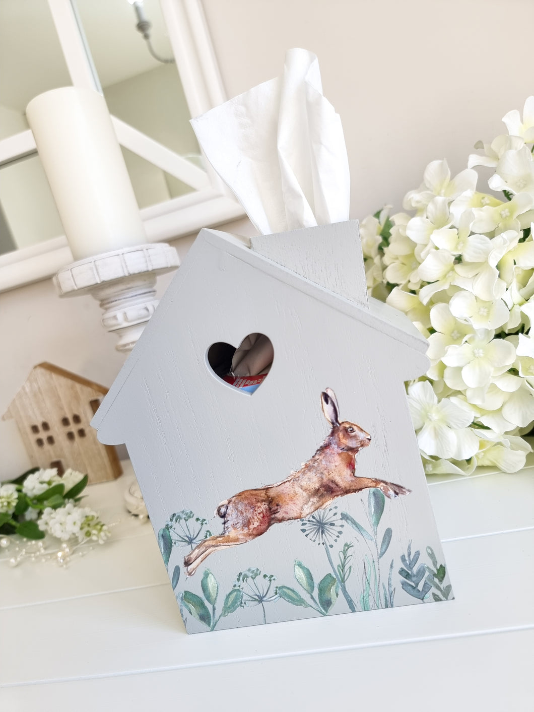 Leaping Hare Grey Heart Tissue Box