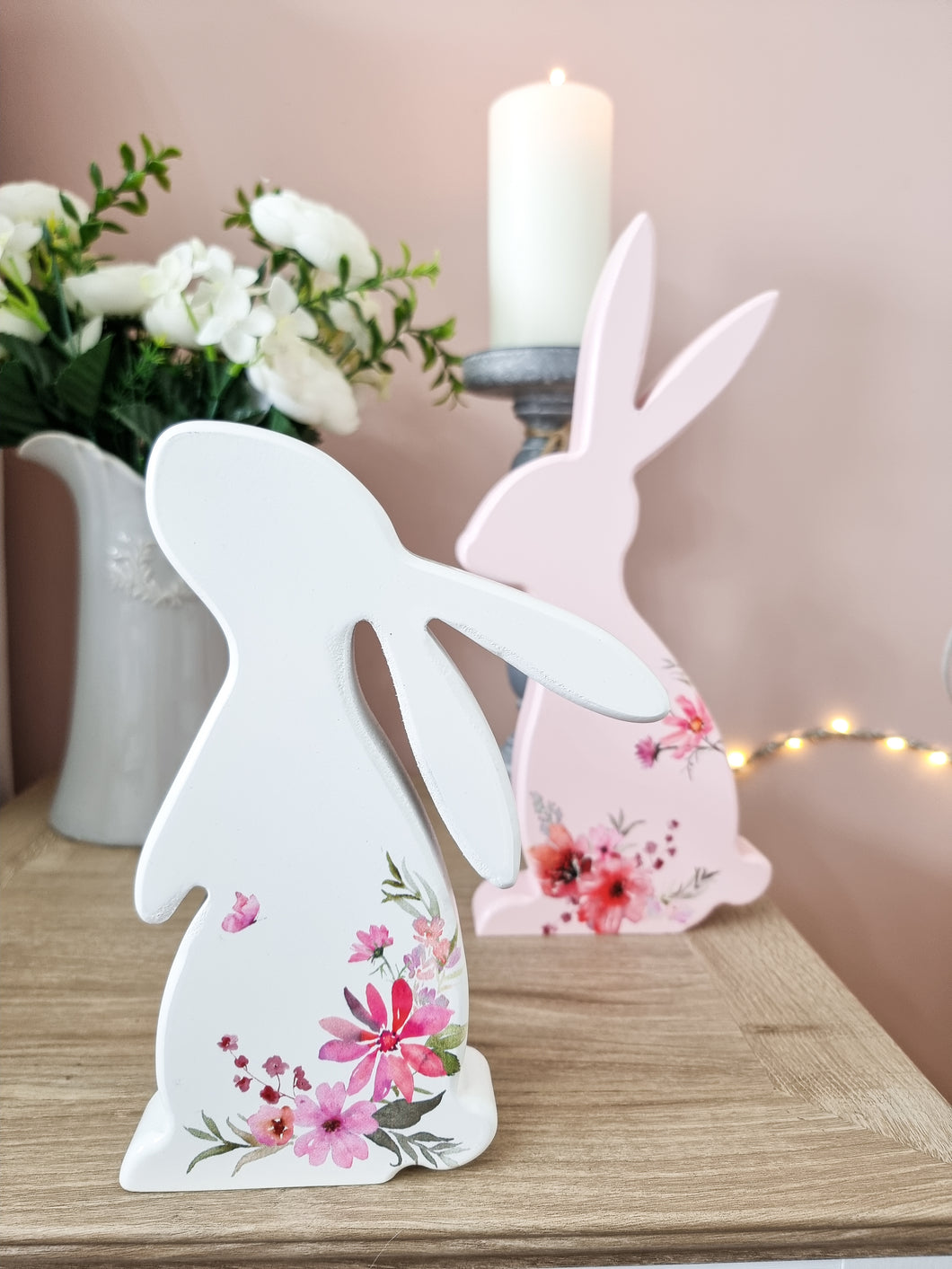 Spring Floral Pink OR White Wooden Bunny