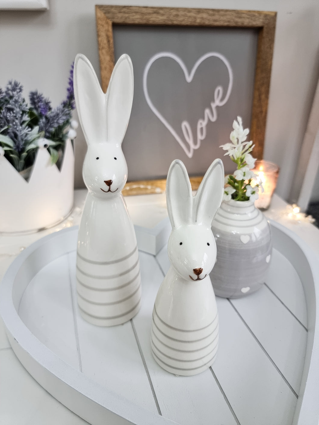 White Ceramic Bunny With Grey Stripes