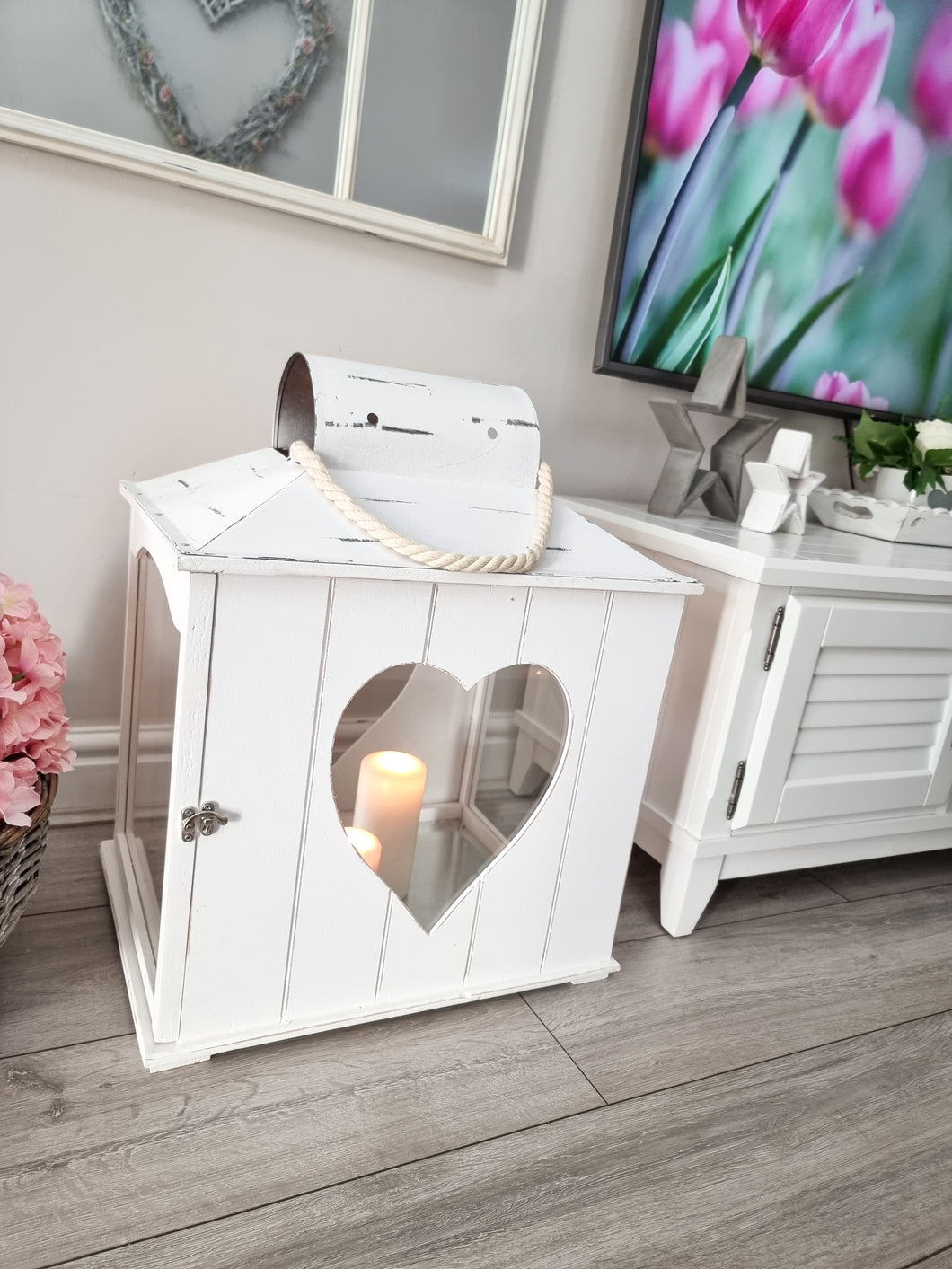 Rustic White T&G Wooden Heart Lantern ** IMPERFECT