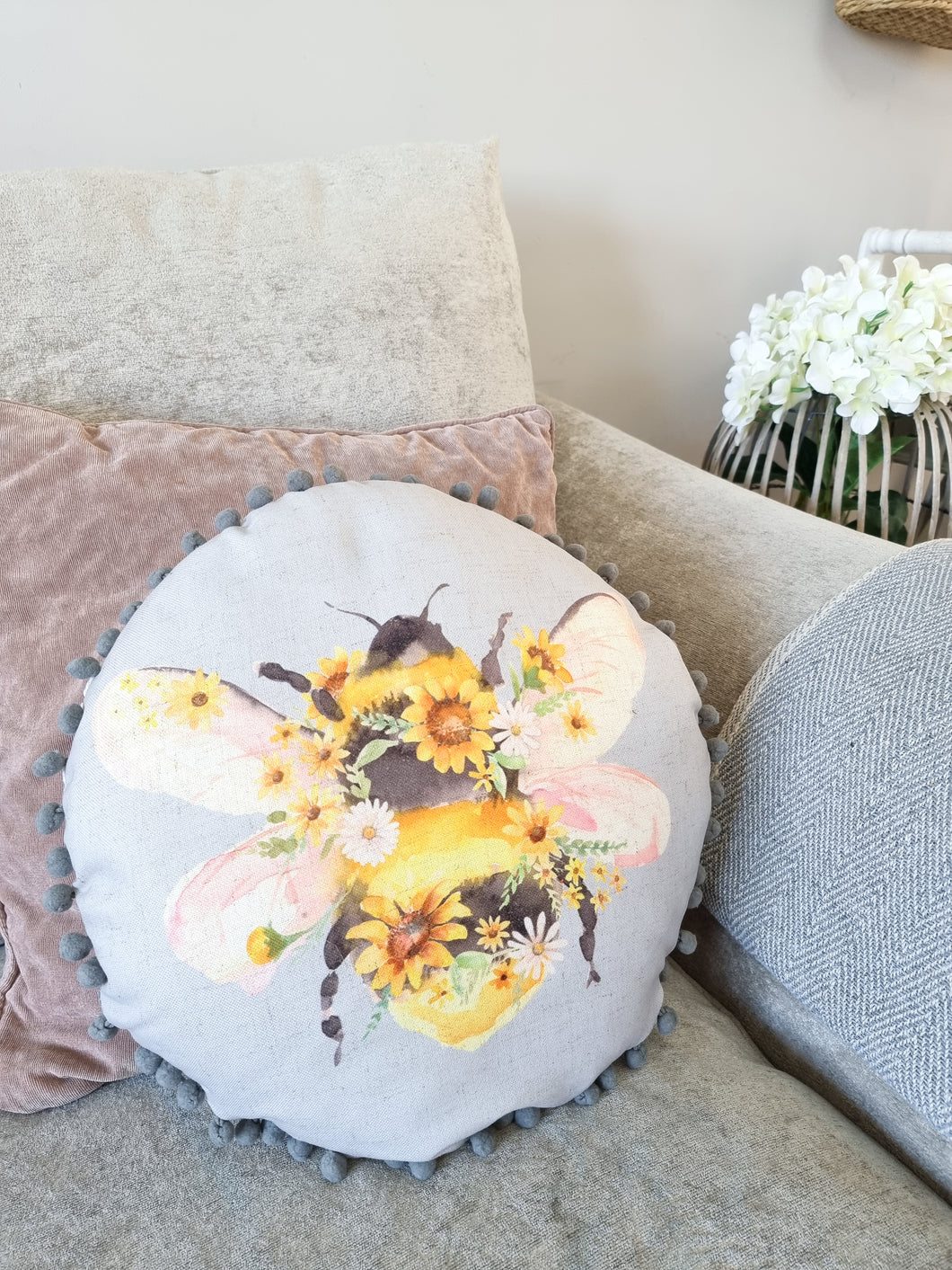 Bee & Floral Grey Round Pom Pom Cushion