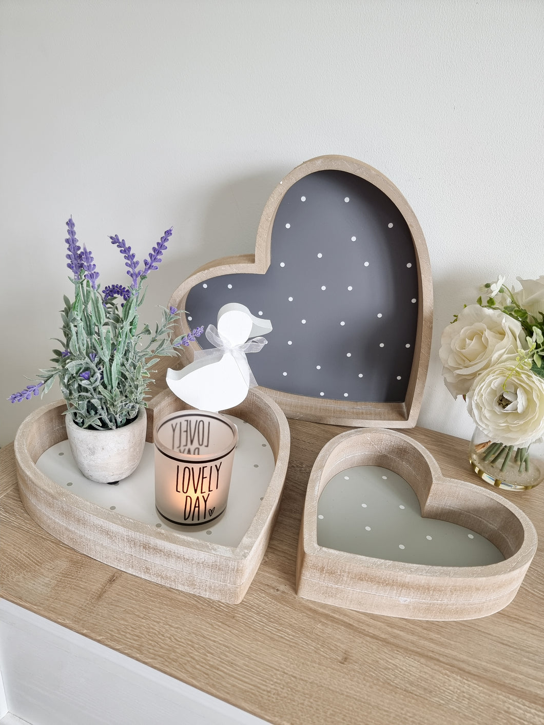 White Wash Wooden Polka Dot Heart Trays