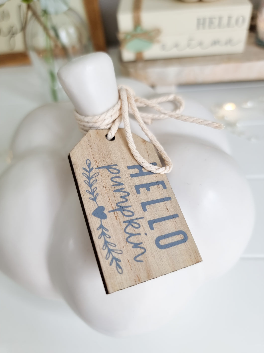 White Ceramic Pumpkin With String Tied Wooden Tag