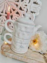 Load image into Gallery viewer, Happiness Is A Lovely Cup Of Tea White &amp; Pink Tea For One Set
