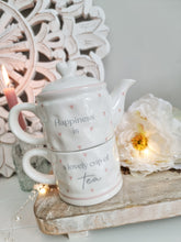 Load image into Gallery viewer, Happiness Is A Lovely Cup Of Tea White &amp; Pink Tea For One Set
