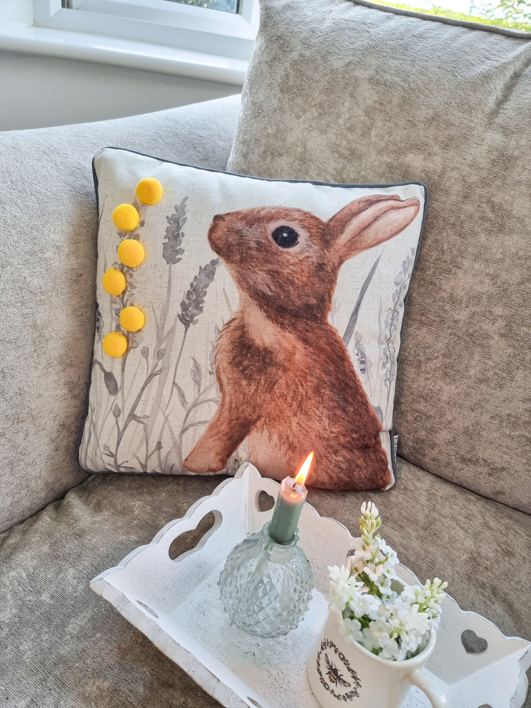 Meadow Hare Cushion WIth Yellow Pom Poms