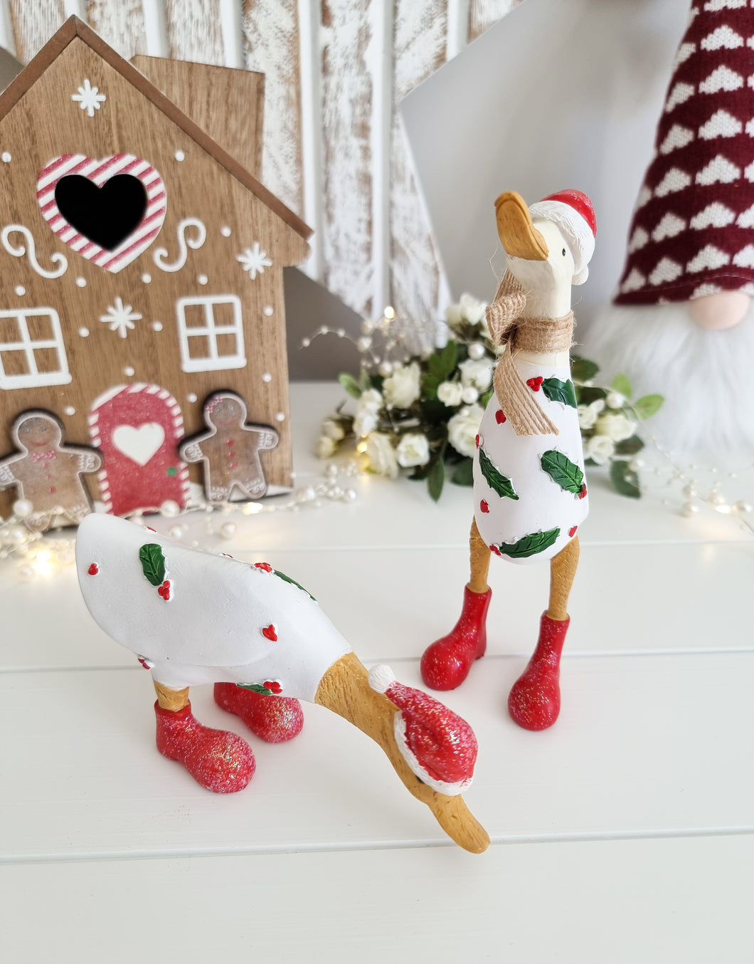 Festive Mini Red & White Holly Duck Figure