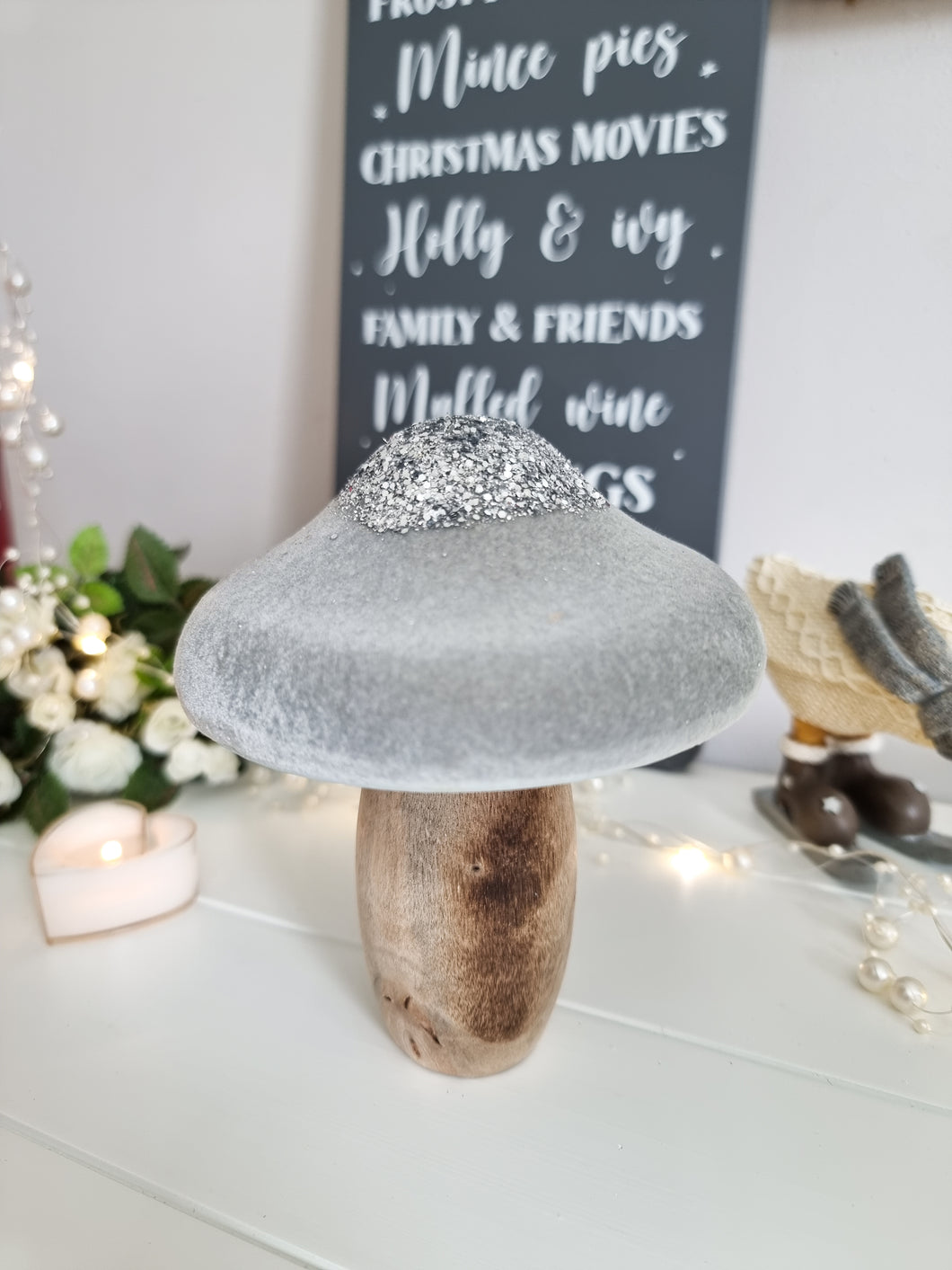 Grey Chunky Glitter Wooden Mushroom