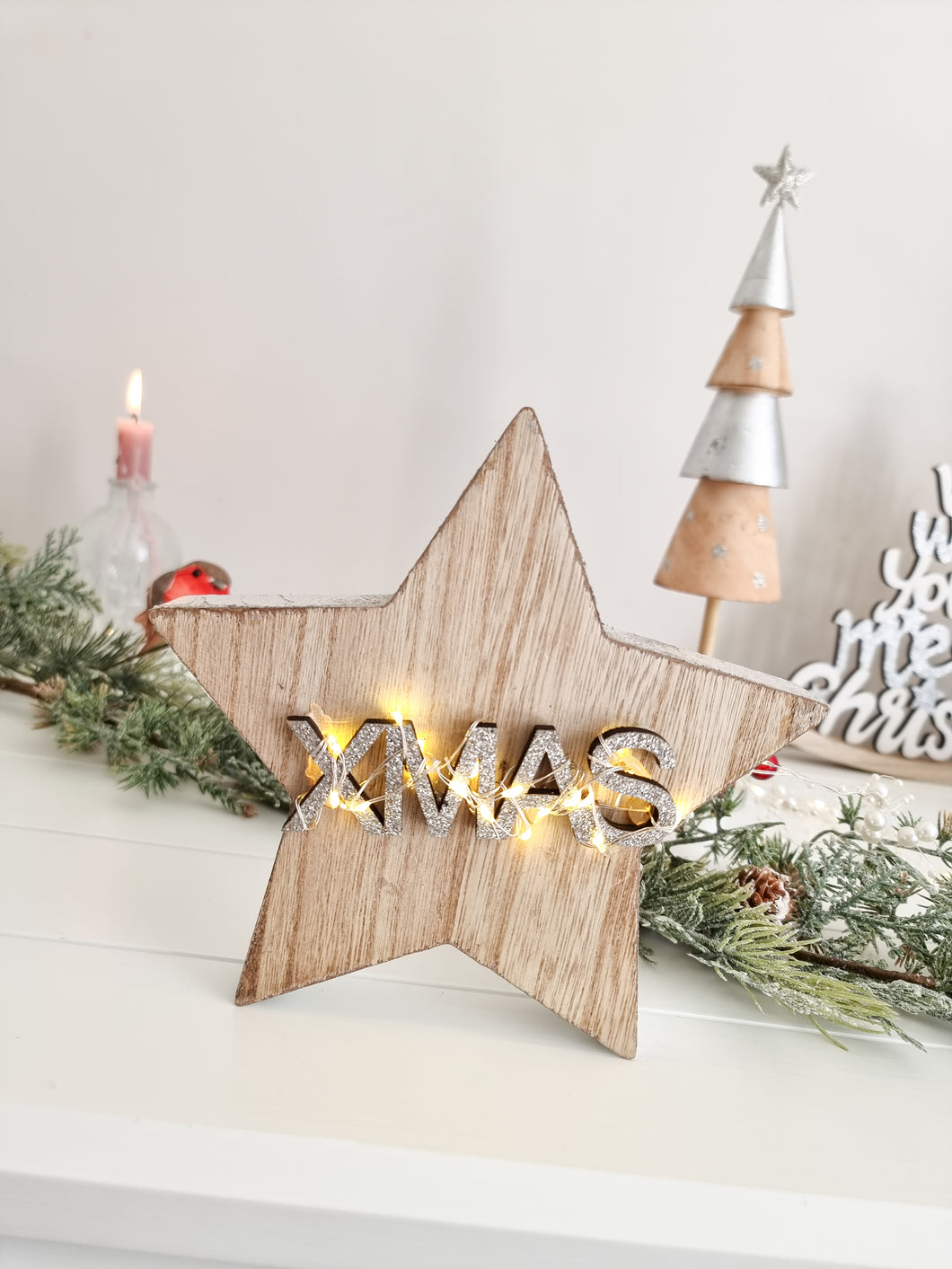 Silver Glitter Light Up Xmas Standing Wooden Star