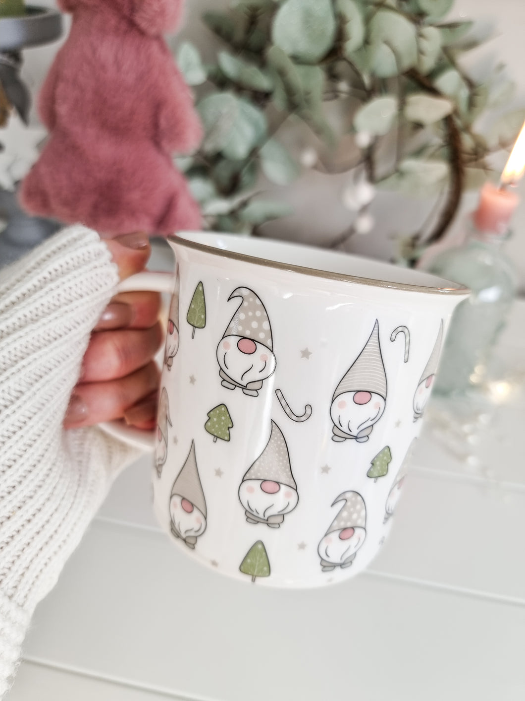 Pastel Grey Christmas Gonk & Candy Cane Mug