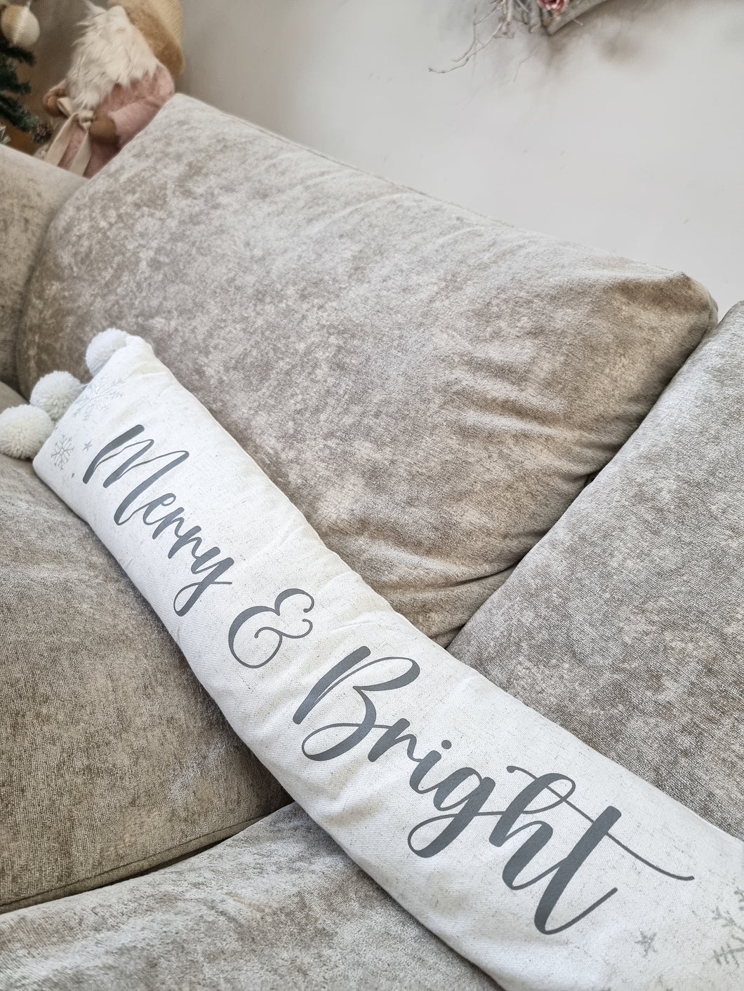 Merry & Bright Long White Pom Pom Cushion