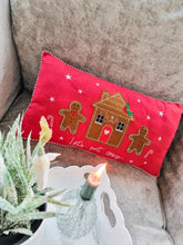 Load image into Gallery viewer, Red Festive Gingerbread Lets Get Cosy Cushion
