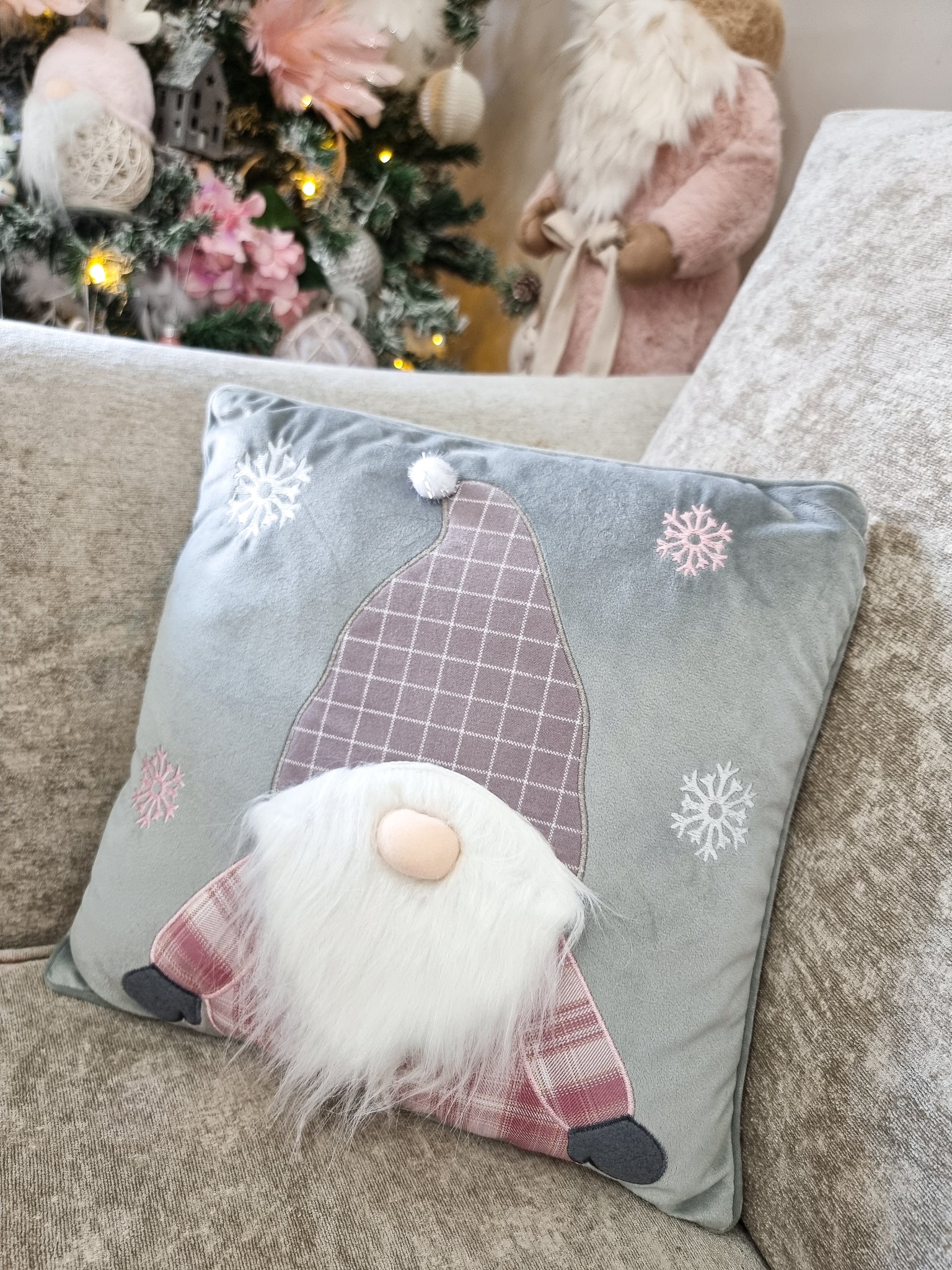 Pink & Grey Fluffy Gonk Seasonal Cushion Peony Blossom Interiors