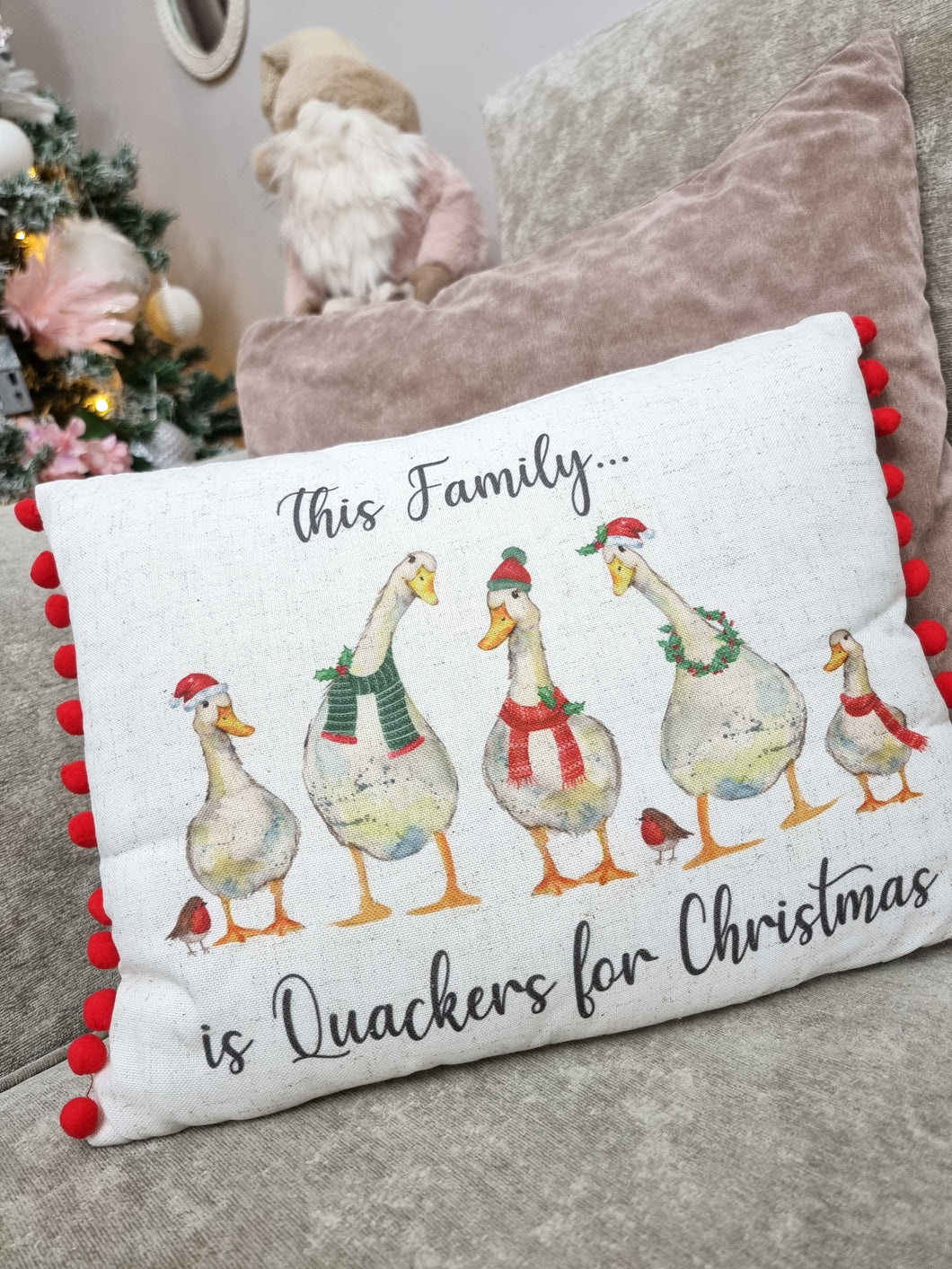 Quackers Family Red Pom Pom Christmas Cushion