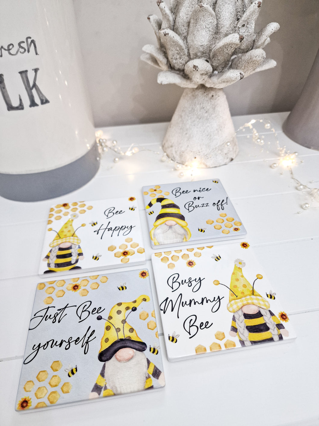 Grey & White Bee Gnome Spring Coaster Set 4