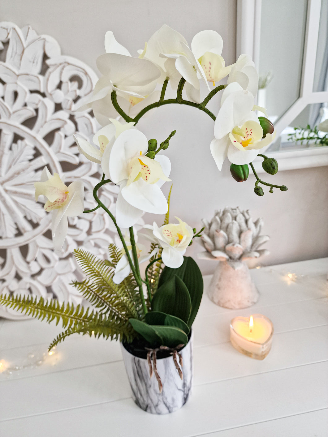 Faux White Orchid In Marble Effect Planter