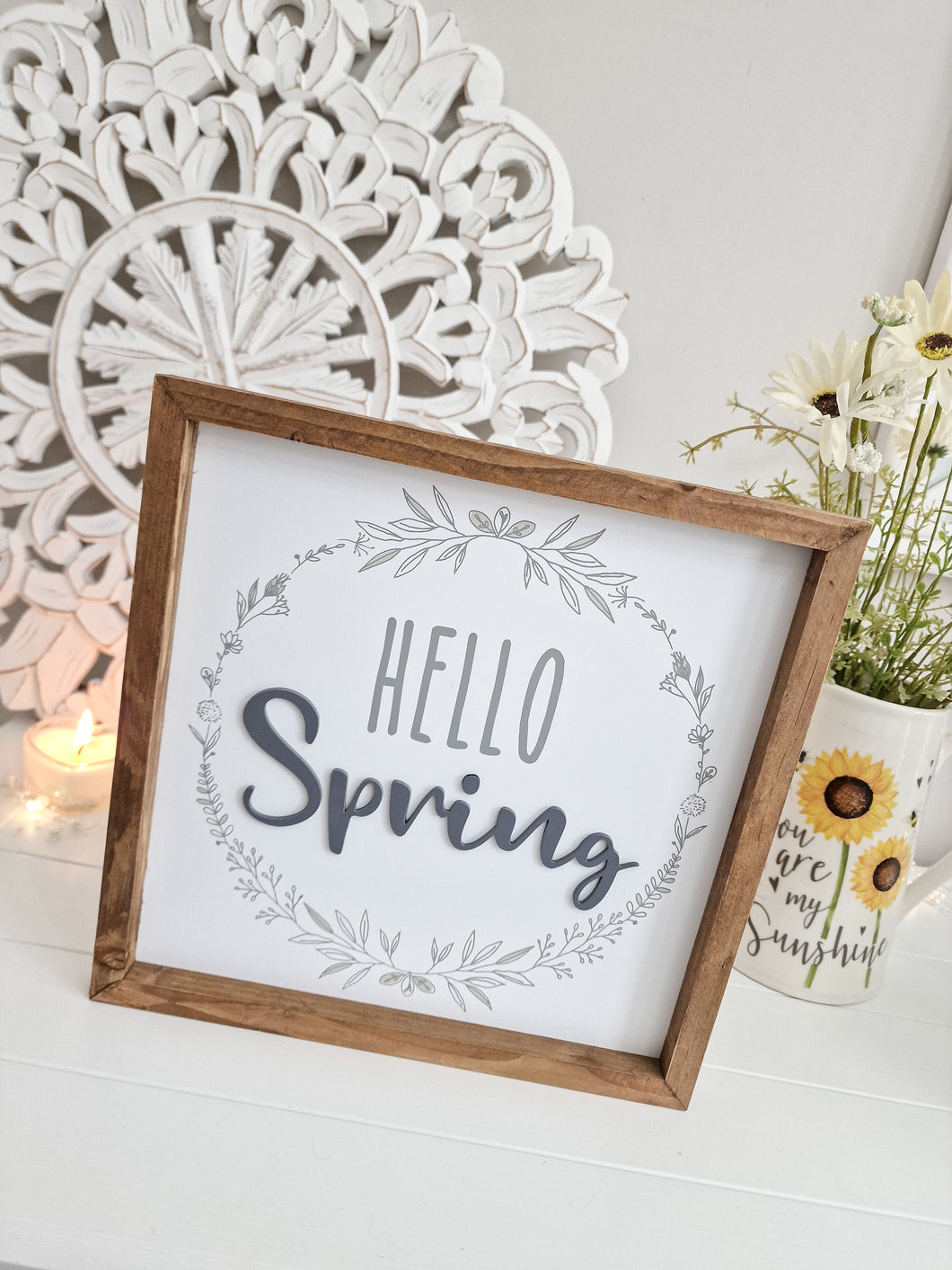 Hello Spring Neutral Toned Rustic Framed Wall Plaque