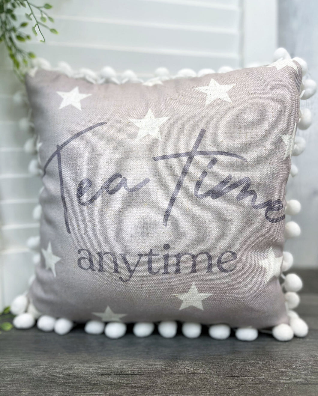 Tea Time Anytime Grey Star Pom Pom Cushion