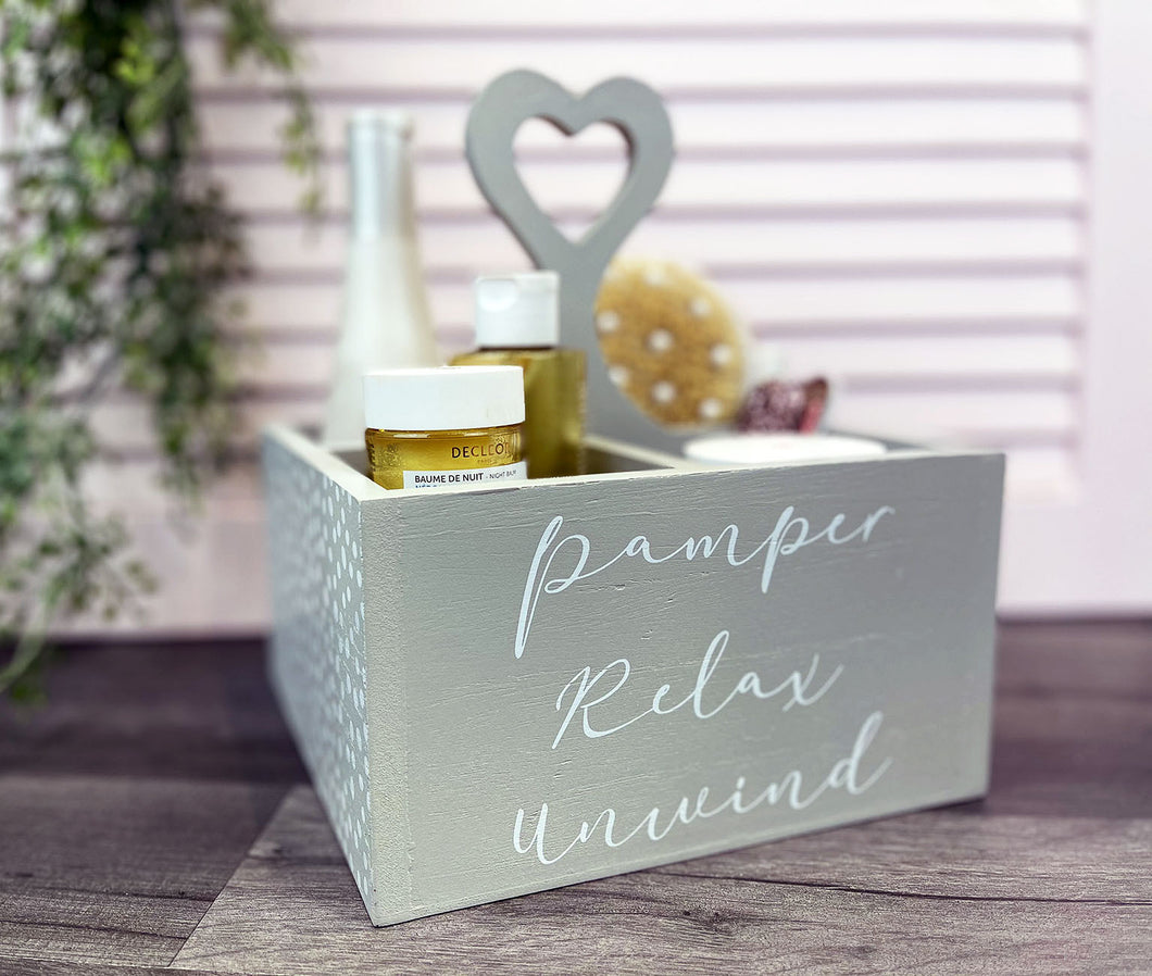 Grey Pamper Storage Crate With Heart Handle