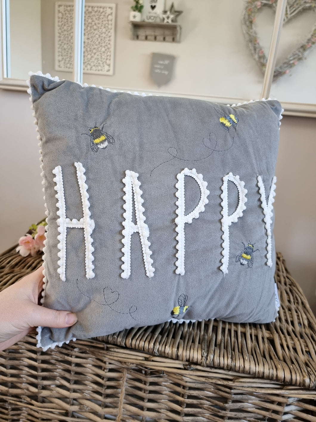 Grey Velvet Bee Embroidered Happy Cushion