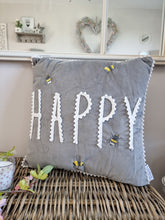 Load image into Gallery viewer, Grey Velvet Bee Embroidered Happy Cushion
