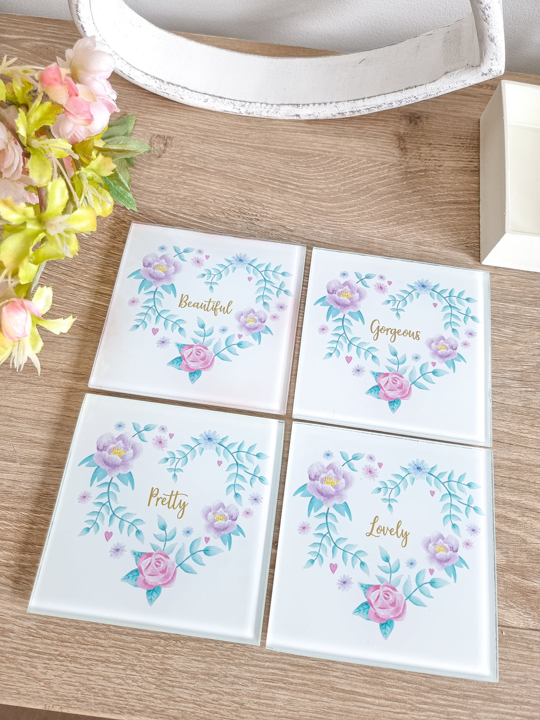 Floral Heart Print Glass Coasters