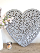 Load image into Gallery viewer, Grey Filigree Carved Floral Wall Heart
