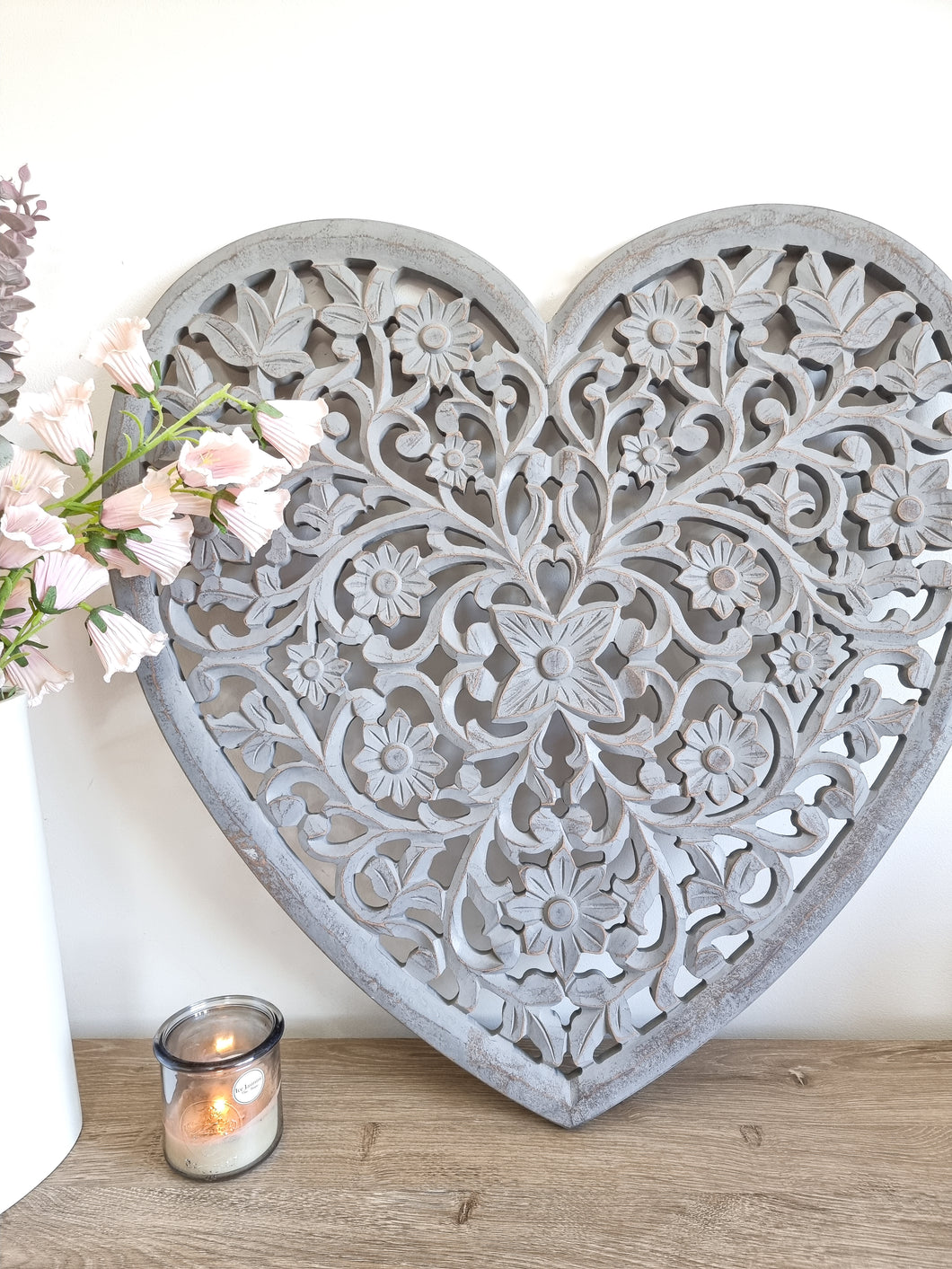 Grey Filigree Carved Floral Wall Heart