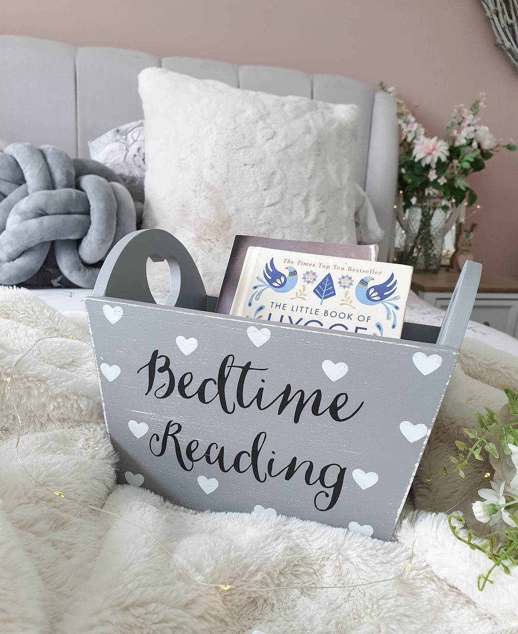 Grey & White Heart Bedtime Reading Crate