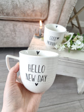 Load image into Gallery viewer, Hello New Day Black Heart White Mug
