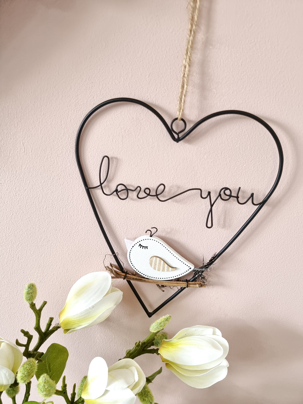 Love You Taupe Bird Hanging Heart