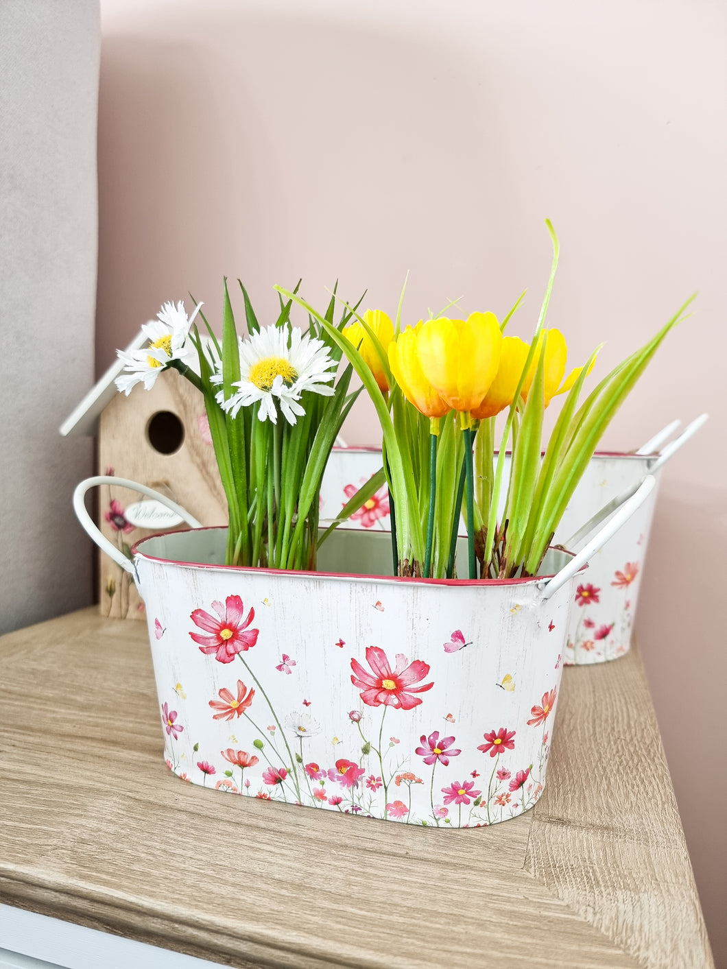 Pink Cosmos White Floral Planter - 3 Sizes