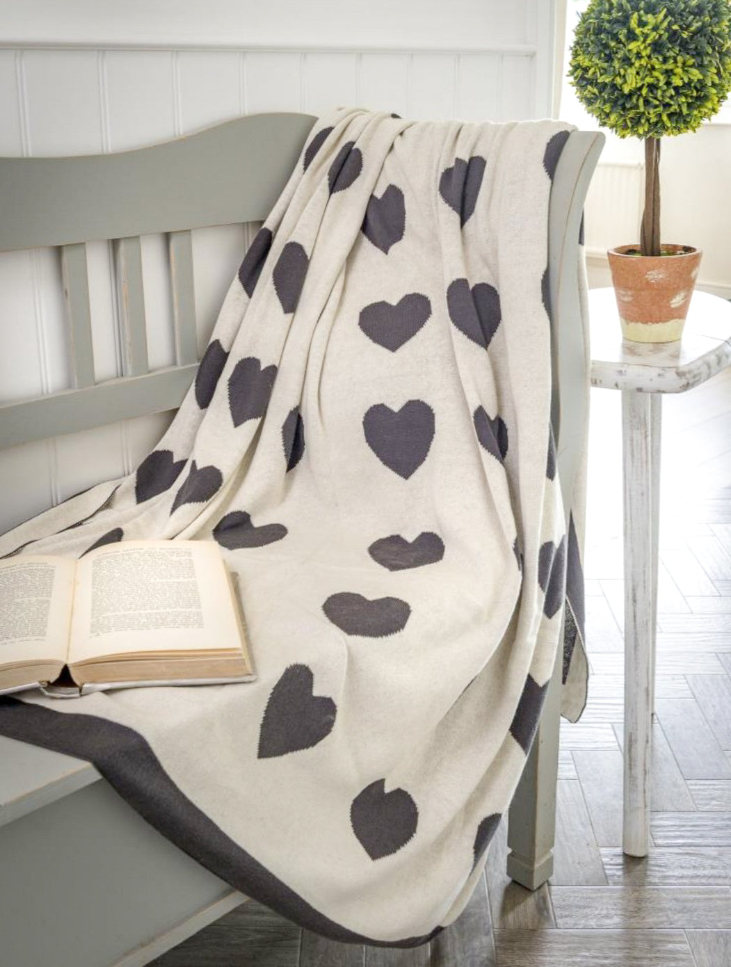 Cream & Grey Reversible Cotton Heart Throw