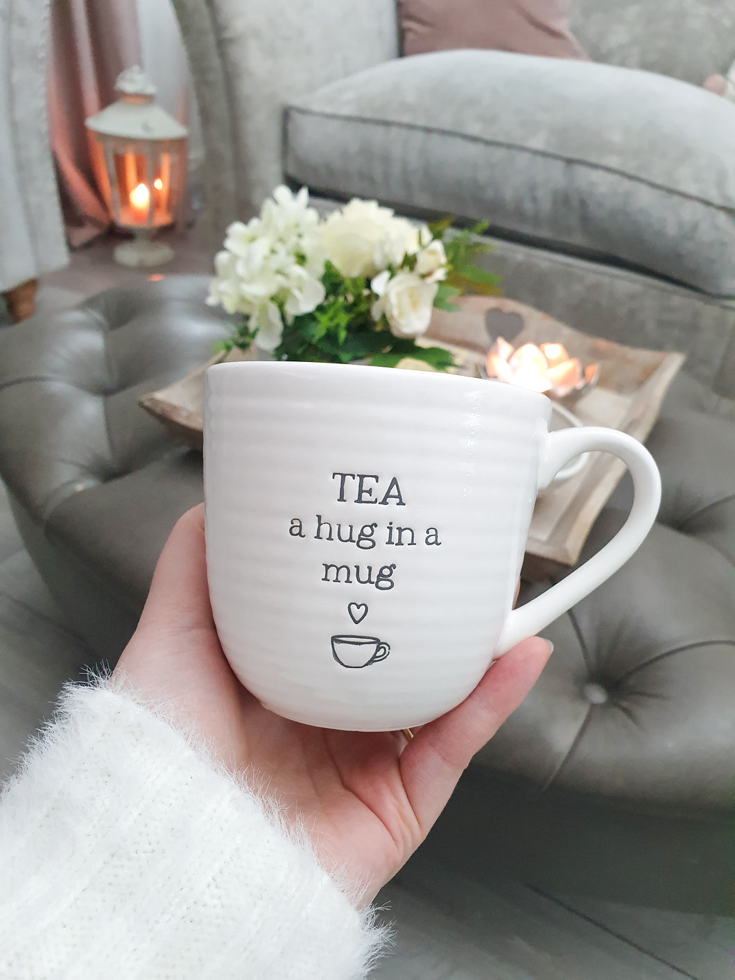 Tea A Hug In A Mug White Ribbed Mug